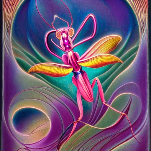 Prompt: majestic colorful orchid mantis enamel by jean delville, cloisonne, iridescent, black opals, beautiful hyperdetailed art nouveau orchids, ultrasharp photorealistic octane render