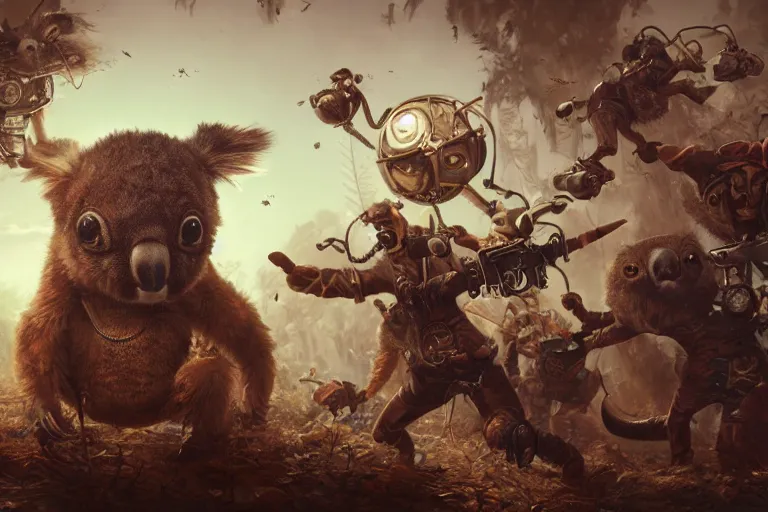 Prompt: steampunk family fighting a horde of crazy killer koalas, 3d scene, render, ultra realistic, zenith view, Greg Rutkowski, artstation, cgsociety, unreal engine, ray tracing, detailed illustration, hd, 4k, digital art, overdetailed art, concept art, complementing colors, Trending on artstation, deviantart