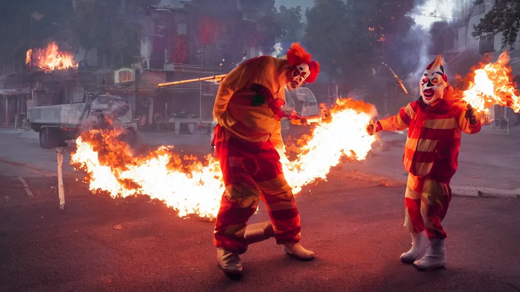 Prompt: photo of a clown using a flamethrower. In the background there is a dumpster fire. Daylight. award-winning, highly-detailed, 8K