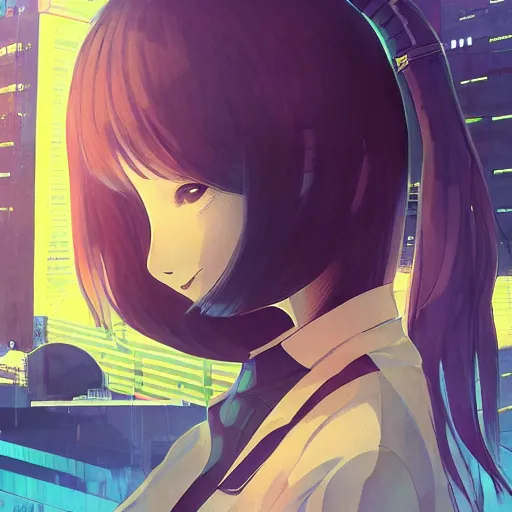 Image similar to Frequency indie album cover, luxury advertisement, yellow filter. Clean and detailed post-cyberpunk sci-fi close-up schoolgirl in asian city in style of cytus and deemo, blue flame, relaxing, calm and mysterious vibes, by Tsutomu Nihei, by Yoshitoshi ABe, by Ilya Kuvshinov, by Greg Tocchini, nier:automata, set in half-life 2, Matrix, GITS, Blade Runner, Neotokyo Source, Syndicate(2012), dynamic composition, beautiful with eerie vibes, very inspirational, very stylish, with gradients, surrealistic, dystopia, postapocalyptic vibes, depth of field, mist, rich cinematic atmosphere, perfect digital art, mystical journey in strange world, beautiful dramatic dark moody tones and studio lighting, shadows, bastion game, arthouse