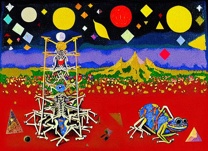 Image similar to pixel decollage painting tarot lovers card composition tower of babel road red armor maggot bear and wonky alien frog skeleton knight on a horse in a dark red cloudy night sky with golden foil jewish stars and diamonds, mountain lake and blossoming field in background, painted by Mark Rothko, Helen Frankenthaler, Danny Fox and Hilma af Klint, pixelated, neo expressionism, semi naive, pastel colors, cinematic, color field painting, cave painting, voxel, pop art look, outsider art, minimalistic. Bill Traylor painting, part by Philip Guston, Amano and Francis Bacon. art by Adrian Ghenie and Storm Thorgerson, very coherent symmetrical artwork, cinematic, hyper realism, high detail, octane render, unreal engine, Smooth gradients, depth of field, full body character drawing, extremely detailed, 8k, extreme detail, intricate detail, masterpiece