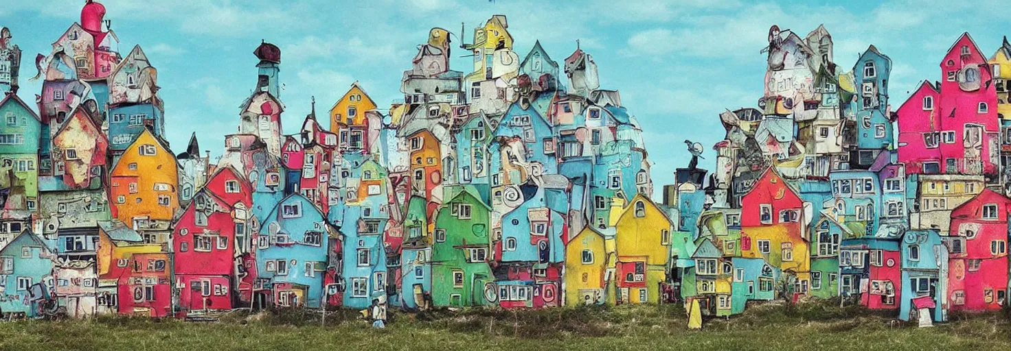 Image similar to quirky surreal naive houses painted by alexander jansson, bright colors.