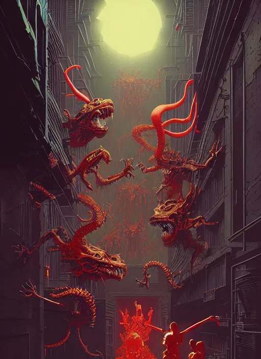 Prompt: masterpiece concept art, neon demons devouring children, by greg rutkowski and geof darrow, 8 k, intricate detail, cinematic lighting