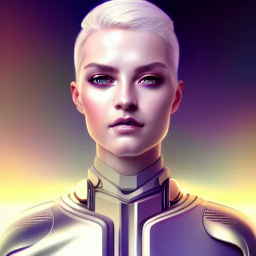 Image similar to futuristic woman android portrait, sci-fi female, striking azure eyes, face, short platinum hair tomboy, cyberpunk femme fatale, intricate, elegant alabaster skin, highly detailed gold filigree, digital painting, artstation, concept art, smooth, sharp focus, illustration, art by artgerm and greg rutkowski and alphonse mucha