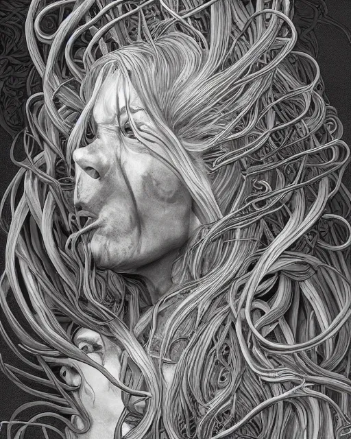 Image similar to centered beautiful detailed side view profile portrait of a insane, crazed, mad old woman with long grey hair, ornate tentacles growing around, ornamentation, thorns, vines, tentacles, elegant, beautifully soft lit, full frame, by wayne barlowe, peter mohrbacher, kelly mckernan, h r giger