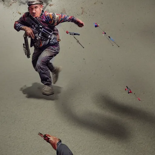 Prompt: very small man running for cover as he is being shot at, trail of bullets going past him, vibrant, photorealistic art.