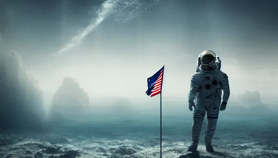 Image similar to astronaut holding a flag in an underwater desert. a submarine is visible in the distance. dark, concept art, cinematic, dramatic, atmospheric, 8 k, trending on artstation, blue, fish, low visibility, fog, ocean floor, christopher nolan, interstellar