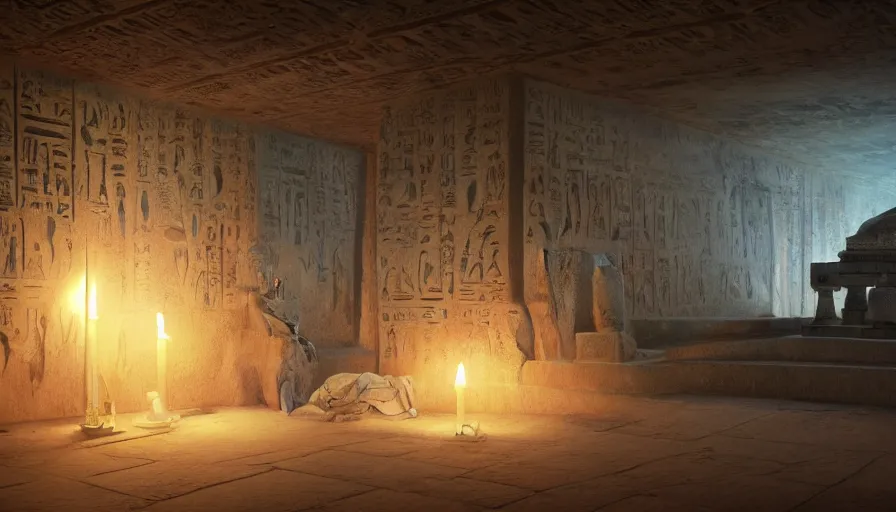 Prompt: A highly detailed matte painting of interior of ancient Egyptian tomb, candle lights, cobwebs, mummy, dark, by Studio Ghibli, Makoto Shinkai, by Artgerm, by WLOP, by Greg Rutkowski, volumetric lighting, octane render, 4K resolution, trending on artstation, masterpiece