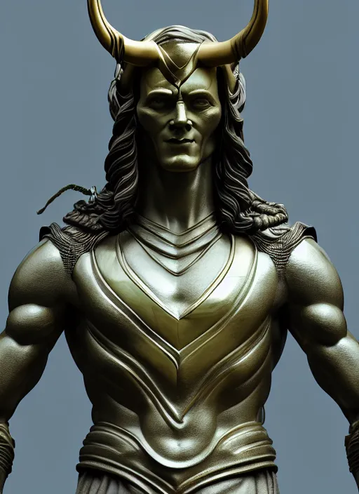 Image similar to stoic statue of loki, aesthetic, naturel, hyper detailed, digital sculpture, trending in artstation, cinematic lighting, studio quality, smooth render, unreal engine 5 rendered, octane rendered