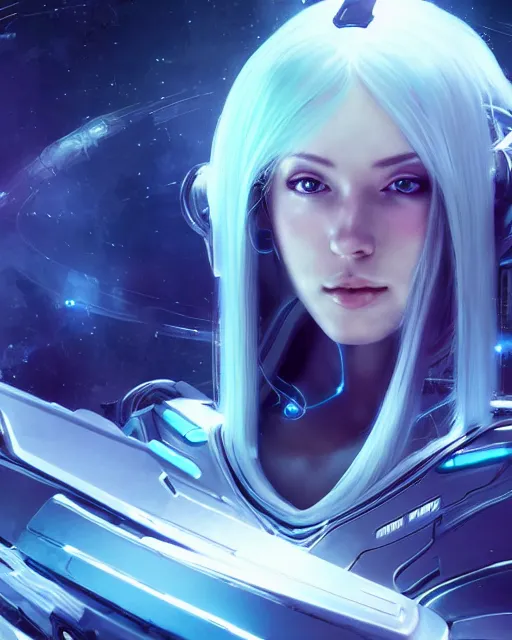 Image similar to perfect android girl on a mothership, warframe armor, beautiful face, scifi, futuristic, galaxy, nebula, raytracing, dreamy, long white hair, blue cyborg eyes, sharp focus, cinematic lighting, highly detailed, artstation, divine, by gauthier leblanc, kazuya takahashi, huifeng huang