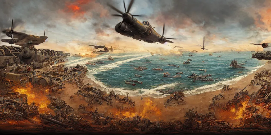 Image similar to d-day landing, german side, ww2, world war 2, wide shot, landscape, by Jason Felix by Steve Argyle by Tyler Jacobson by Peter Mohrbacher
