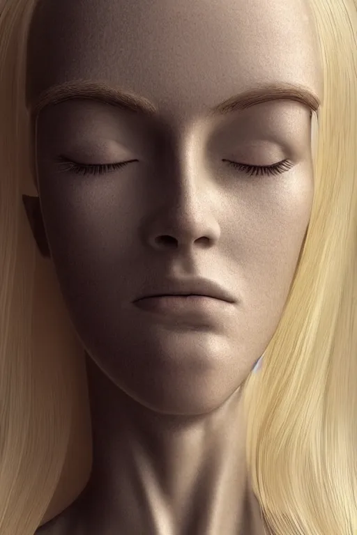 Image similar to robot with human face, female head, full body angle, woman human face, human face realistic, beautiful blonde hair, human head, human head with blonde hair, blonde hair human head, blonde hair, human realistic face, human head skin, cyborg frame concept, cyborg by ales-kotnik, sci-fi android female, the body is made of wires, robotic body, cyborg body, cyborg bust body, robot body cyborg, full body