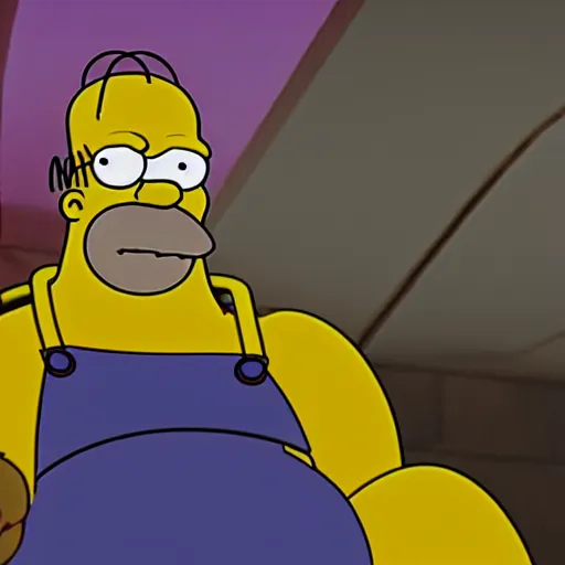 Image similar to Homer Simpson as Thanos, cinematic, 4K