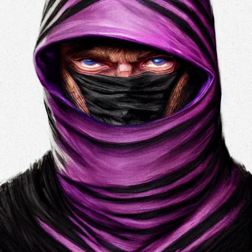 Image similar to ultra realistic illustration, man in a black hood, in a striped purple balaclava, mysterious, highly detailed, digital painting, artstation, concept art, smooth, sharp focus, illustration