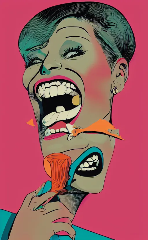 Image similar to illustration portrait of a woman with white buzzcut laughing out loud, art deco painting by tom whalen, by tomer hanuka, funny meme photo, trending on behance, digital illustration, storybook illustration, grainy texture, flat shading, vector art, airbrush, pastel, watercolor, poster