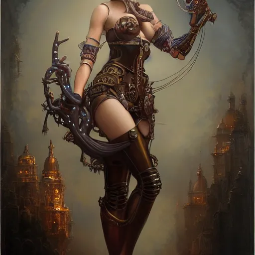 Image similar to by tom bagshaw, ultra realist vivid soft painting of a carnival of curiosities, single curvy flirt etheral young steampunk female with magnificent eyes in a full ornated armor, gears, cables, led, flying machinery, partial symmetry accurate features, very intricate details, focus, award winning, ultra dense fog