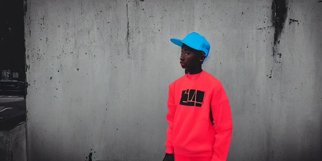 Prompt: “a realistic portrait of a teenager wearing a neon tracksuit and a SnapBack hat from the 1990s, Dutch camera view, street style photography, monochromatic color scheme”