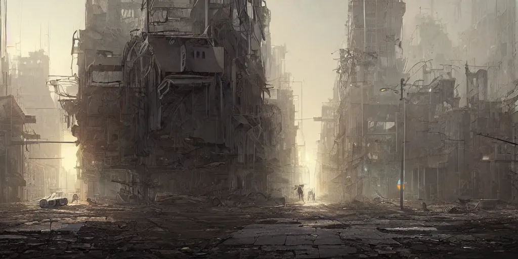 Prompt: A deserted street in a deserted decayed modern town at night, dystopia, intricate, highly detailed, digital painting, artstation, concept art, sharp focus, illustration, art by greg rutkowski and john howe