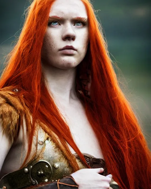 Image similar to north adult female warrior, red hair, ginger hair, long hair, fantasy, female Viking, high detailed, photography, cloudy, lightweight leather armour, Scandinavia, plain, detailed face, beautiful face, beautiful girl, look into the distance, professional model, glowing skin, serious face, full body,in full growth, professional photographer, masterpiece, 50 mm, extremely detailed, sharp focus, 8k, 3D