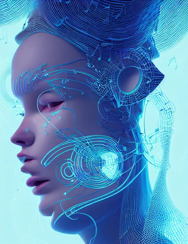 Image similar to 3 d goddess of music and 🔊 wide angle portrait with musical notes, headphones, subwoofers, and speakers. music, wave frequencies, cymatics. auditory symbiogenesis, synaesthesia, polyphonic communication, sonic projection, artwork by tooth wu and android jones wlop and android jones and beeple and greg rutkowski