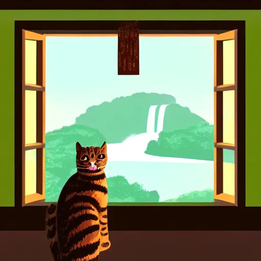 Prompt: a beautiful landscape including a waterfall and a forest through a window, cat sitting on the edge of the window, illustration, digital art, trending on artstation