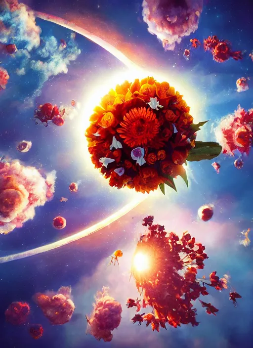 Image similar to An epic fantastic realism comic book style painting of the most beautiful flowers launched into space, bouquets, solar eclipse, fisheye, unreal 5, DAZ, hyperrealistic, octane render, dynamic lighting