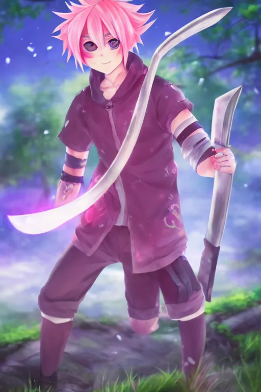 Image similar to a beautiful fullbody portrait of a cute male anime boy with pink hair, wearing a cool outfit, barefoot, wielding a sword in battle position, in a forest, at night. ambient occlusion, volumetric light, detailed, realistic, fantasy character, rendered in octane