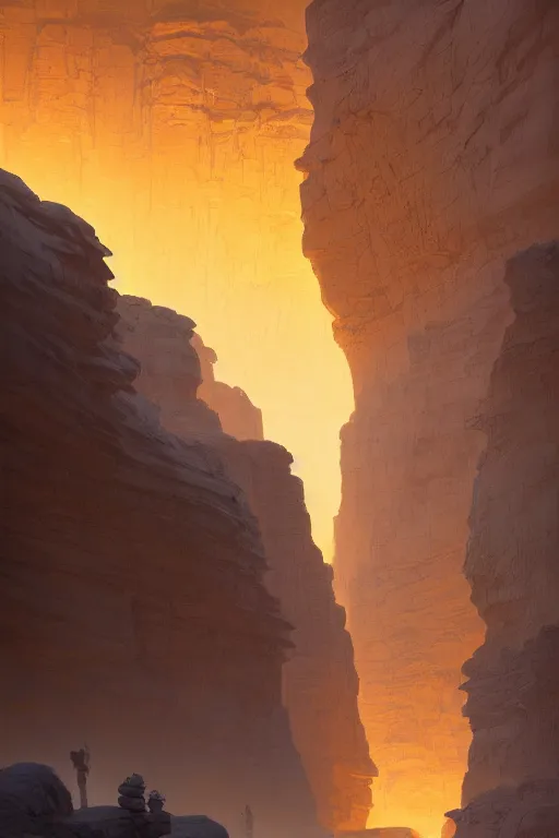 Prompt: monks walking through canyon to ancient temple glowing yellow, carved into cliff, light streaks in the sky, eclipse, dramatic lighting, artstation, matte painting, ralph mcquarrie, simon stalenhag