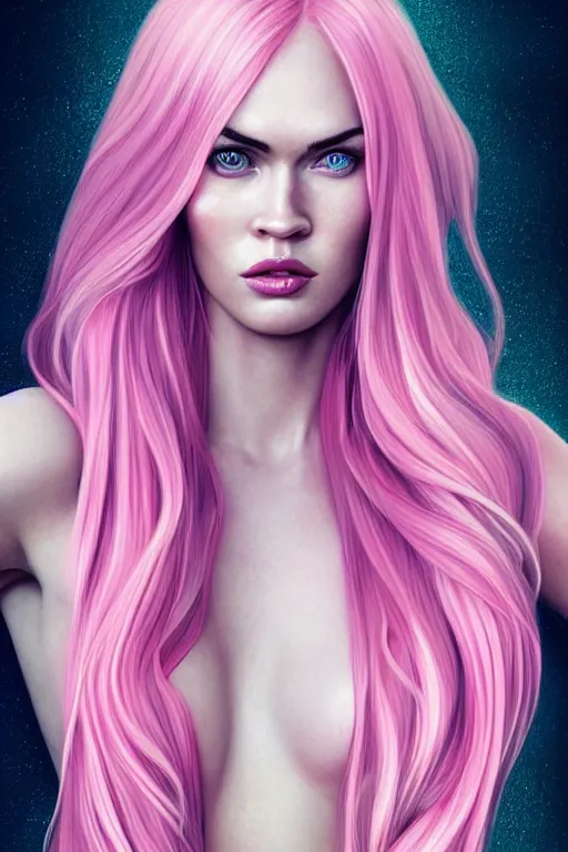 Image similar to Portrait of a beautiful pale skin Nordic female megan fox with long pink hair, elegant, photorealistic, highly detailed, artstation, smooth, sharp focus, gold ornaments, neon lighting, sci-fi, art by Klimt