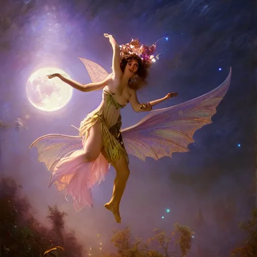 Image similar to attractive fairy magically floating high in the night, fantasy, full moon in background. highly detailed painting by gaston bussiere, craig mullins, j. c. leyendecker, mid shot, 8 k realistic, cryengine, frostbite 3 engine, sharp focus