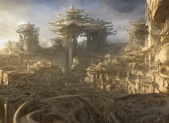 Prompt: A wide open courtyard in a beautiful elven city made of ivory, anime, Singaporean gets nuked and turned into a radioactive wasteland terraces, intricate, elegant, luxurious, digital painting, concept art, smooth, sharp focus, from Star Trek 2021, illustration, by WLOP and Ruan Jia and Mandy Jurgens and William-Adolphe Bouguereau, Artgerm