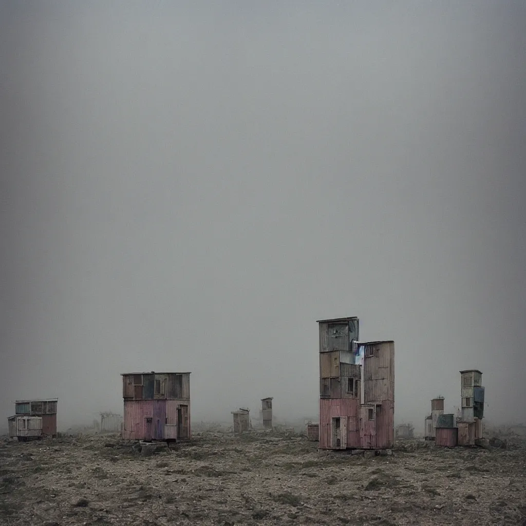 Image similar to two towers, made up of makeshift squatter shacks with pastel colours, uneven dense fog, dystopia, mamiya rb 6 7, fully frontal view, very detailed, photographed by jeanette hagglund