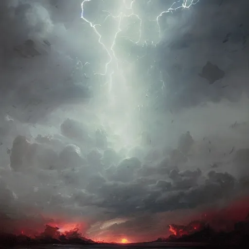 Prompt: Duality of God and Satan, Greg Rutkowski, lightning filled sky