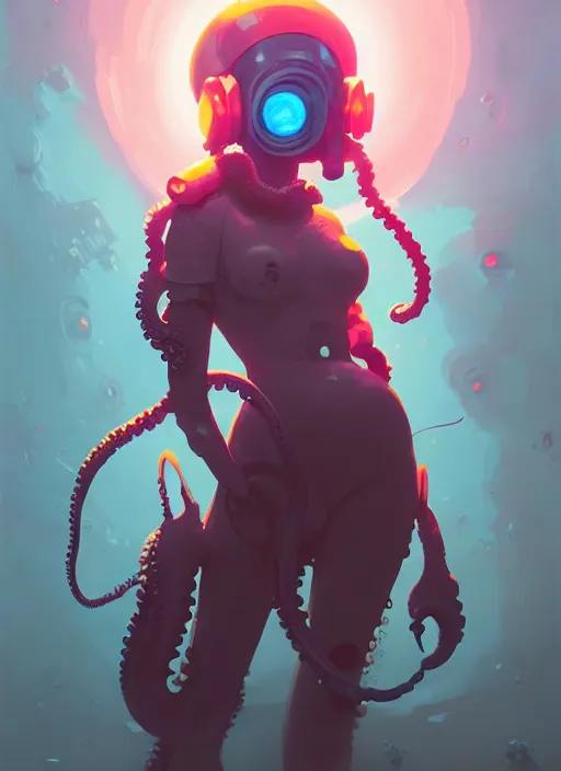 Image similar to portrait of cute octopus tentacle space girl with glowing red eyes, warhammer, cyberpunk by atey ghailan, by greg rutkowski, by greg tocchini, by james gilleard, by joe gb fenton, by in kaethe butcher, dynamic lighting, gradient light blue, brown, blonde cream and white color in scheme, grunge aesthetic, black background