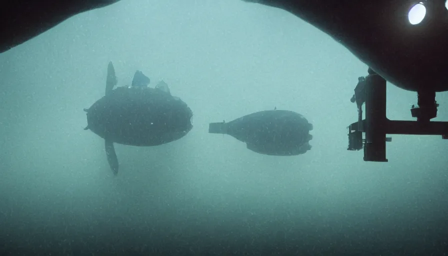 Image similar to Big budget horror movie, a submarine approaches an underwater biolab, deep in the ocean, dark and gloomy