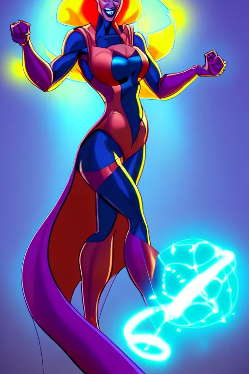 Image similar to a supervillainess with atomic powers, glowing energy effects, full color digital illustration in the style of don bluth, artgerm, artstation trending, 5 k