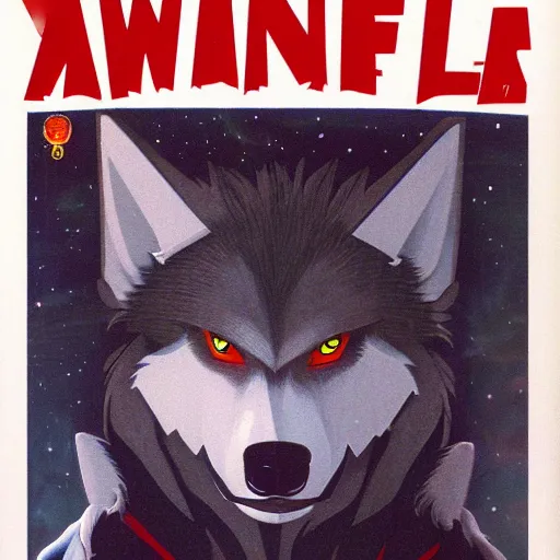 Image similar to 1 9 8 0 s video game art of anthropomorphic wolf o'donnell from starfox fursona furry wolf in a dark space mercenary uniform, looking heroic, magazine scan, 8 0 s game box art, dark grey wolf o'donnell