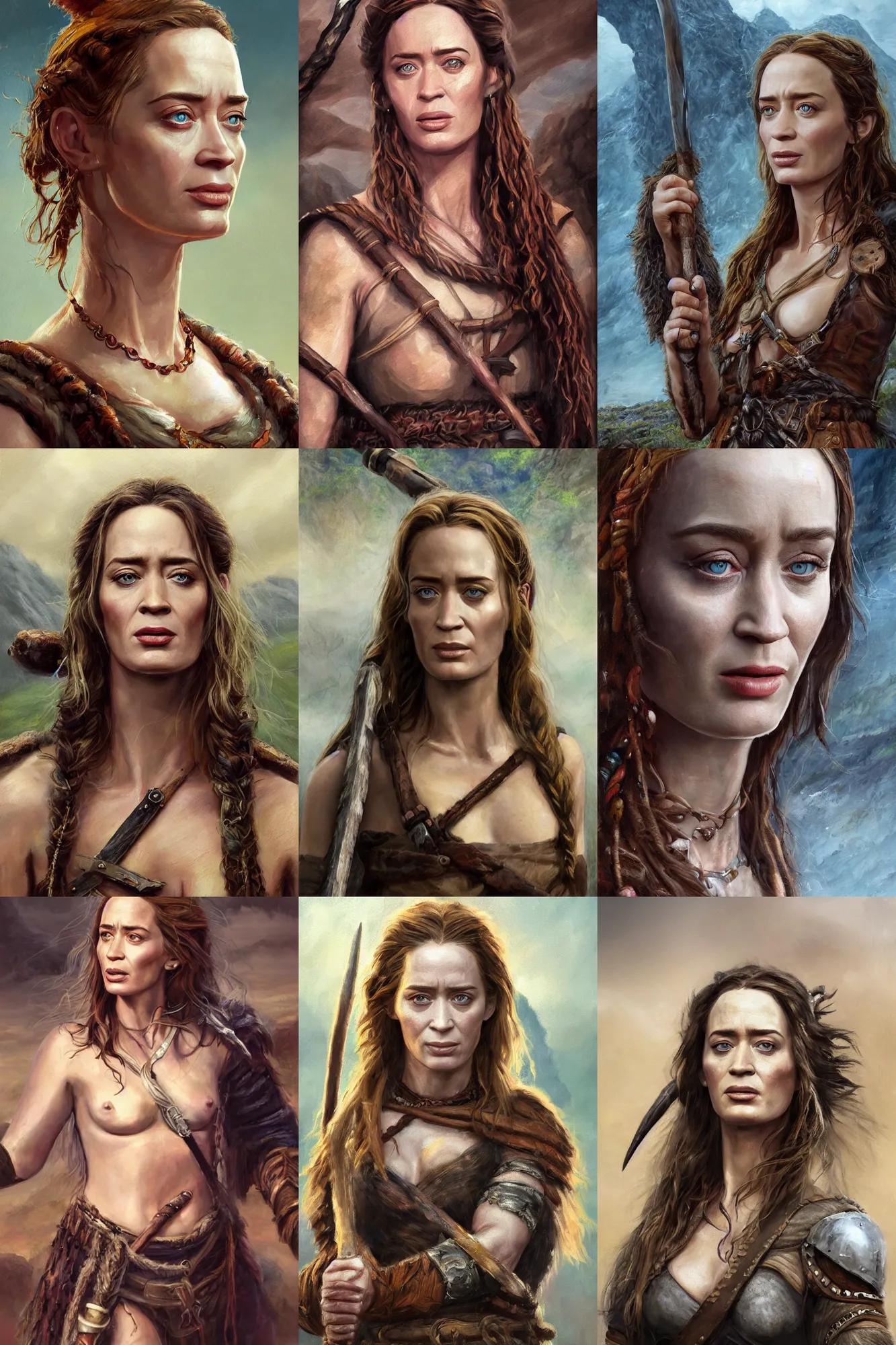 Image similar to a full body high detail fantasy portrait oil painting illustration of emily blunt as a beautiful young rugged stoic barbarian woman by justin sweet with face and body clearly visible, in a scenic background, pupils visible, realistic proportions, d & d, rpg, forgotten realms, artstation trending, high quality, sombre mood, artstation trending, muted colours, entire person visible!