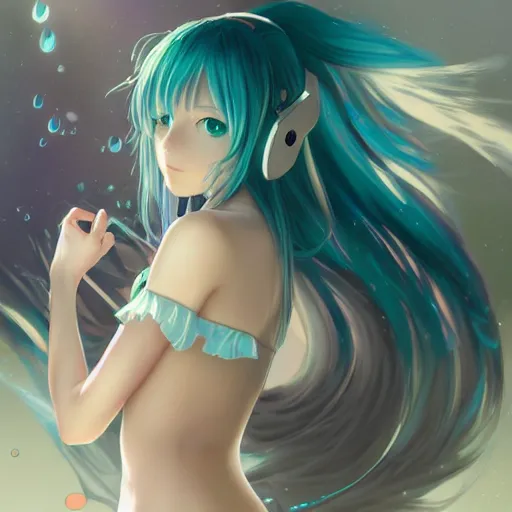 Image similar to clear portrait of anime girl hatsune miku, which is drowned in water, water, light effect, anime style hyper detailed, illustration, bloody, intricate, elegant, digital painting, artstation, smooth, sharp focus, art by artgerm and greg rutkowski and alphonse mucha.