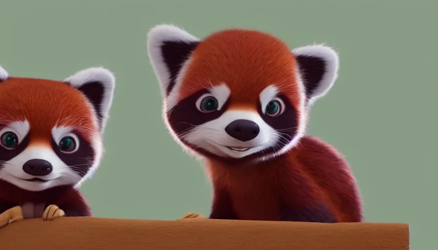 Image similar to very very very cute red pandas by Max Kostenko and Bobby Chiu, disney, pixar, MPC, Framestore, character design for animation, uplight, a lineup of characters, big disney eyes, symmetrical eyes, cuteness, 3d render, octane rendered, rendered by maya and houdini, highly detailed, unreal engine, Trending on Artstation, octane render, 4k, 8k, HD, oil on Canvas by Elena Zhurikhina and Goro Fujita and Charlie Bowater