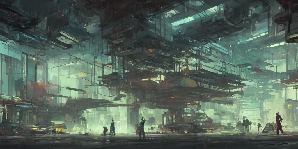 Image similar to concept art of a cyberpunk factory filled with drone workers, grimy, gritty, blade runner 2 0 4 9, trending on artstation, award winning painting, cgi, art by john berkey and anton fadeev and john howe and simon stalenhag