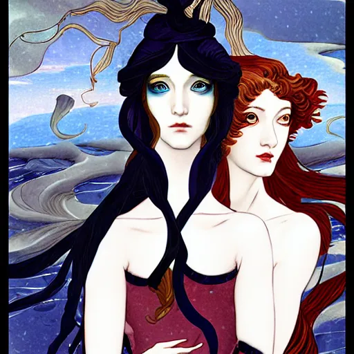 Image similar to 3 Winter Deities, (December, January, and February), in a mixed style of Æon Flux, Peter Chung, Botticelli, and John Singer Sargent, inspired by pre-raphaelite paintings, shoujo manga, and cool Japanese street fashion, sparse Winter landscape, dark and moody colors, hyper detailed, super fine inking lines, dramatic color, 4K extremely photorealistic, Arnold render