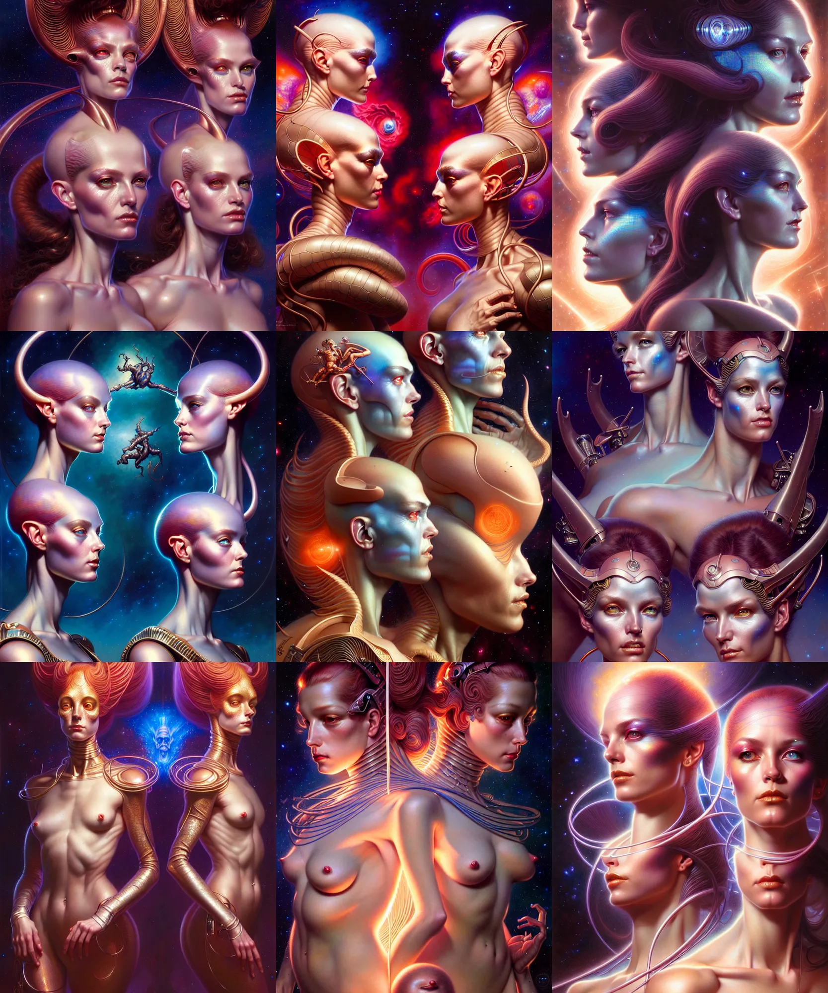 Image similar to beautiful gemini twins portrait, ultra realistic, wide angle, intricate details, holographic artifacts, highly detailed by peter mohrbacher, hajime sorayama, wayne barlowe, boris vallejo, aaron horkey, gaston bussiere, craig mullins