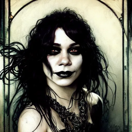 Image similar to beautiful portrait of vanessa hudgens as death from sandman, smiling, by cedric peyravernay, alphonse mucha, by jeremy mann, by lecouffe deharme, goth chic, soft lightning, eyeliner, punk rock, high detailed, 8 k