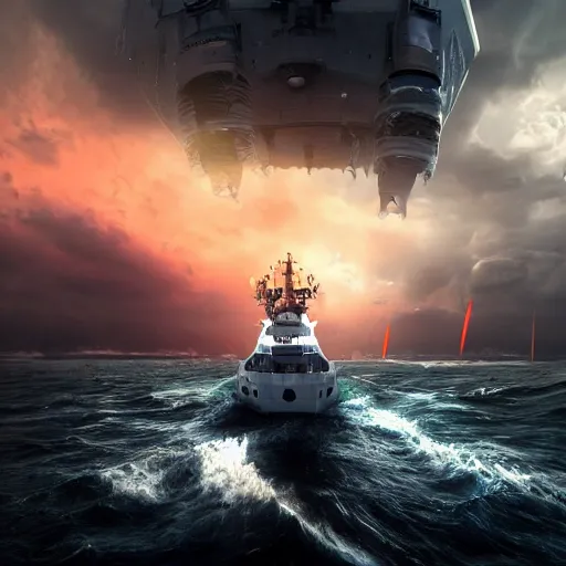 Image similar to semi futuristic warship being attacked by a sea monster, chaotic sea setting, ocean, unreal engine, octane render, cinematic, epic, rainy stormy night, chaotic, 8k, ultra detailed, Artstation, Trending on Artstation, Artstation HQ, Artstation HD, deviant art, Pinterest, digital art, reflections,