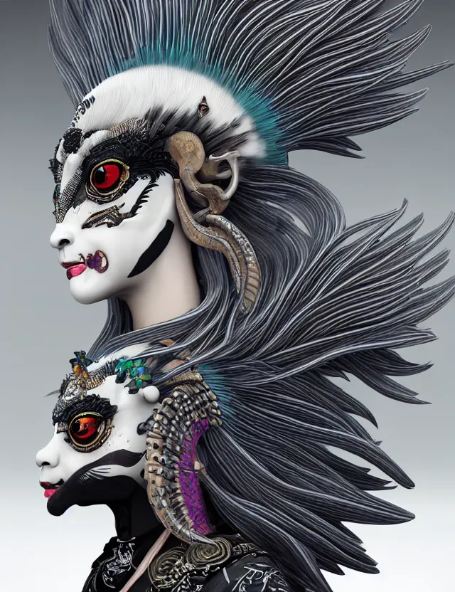 Image similar to 3 d goddess close - up profile portrait punk with mohawk with ram skull. beautiful intricately detailed japanese crow kitsune mask and clasical japanese kimono. betta fish, jellyfish phoenix, bio luminescent, plasma, ice, water, wind, creature, artwork by tooth wu and wlop and beeple and greg rutkowski