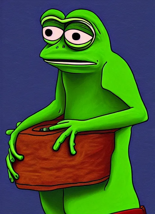 Image similar to depressed pepe the frog!!!, sad, portrait, intricat, highly detailed, digital painting, artstation, concept art, wallpaper, smooth, sharp focus, illustration, art by matt furie!!!