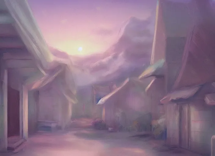 Image similar to placid pastel morning cute cluttered painterly fluffy tiny cramped dusty attic, slanted roof, tiny space, particulate, trending on pixiv