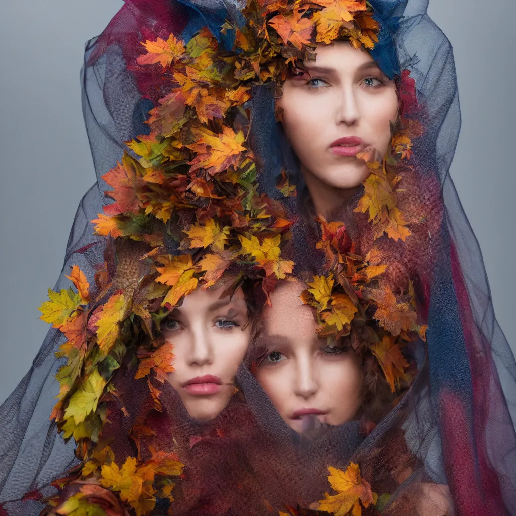 Image similar to highly detailed colorful and playful portrait fashion photography of a gazing face, wearing a widow's veil, in autumn, 105mm f2.8