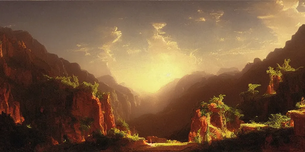 Prompt: very detailed and perfectly readable fine and soft relevant out of lines soft edges painting by thomas cole in hd, red mountains, nice lighting, perfect readability